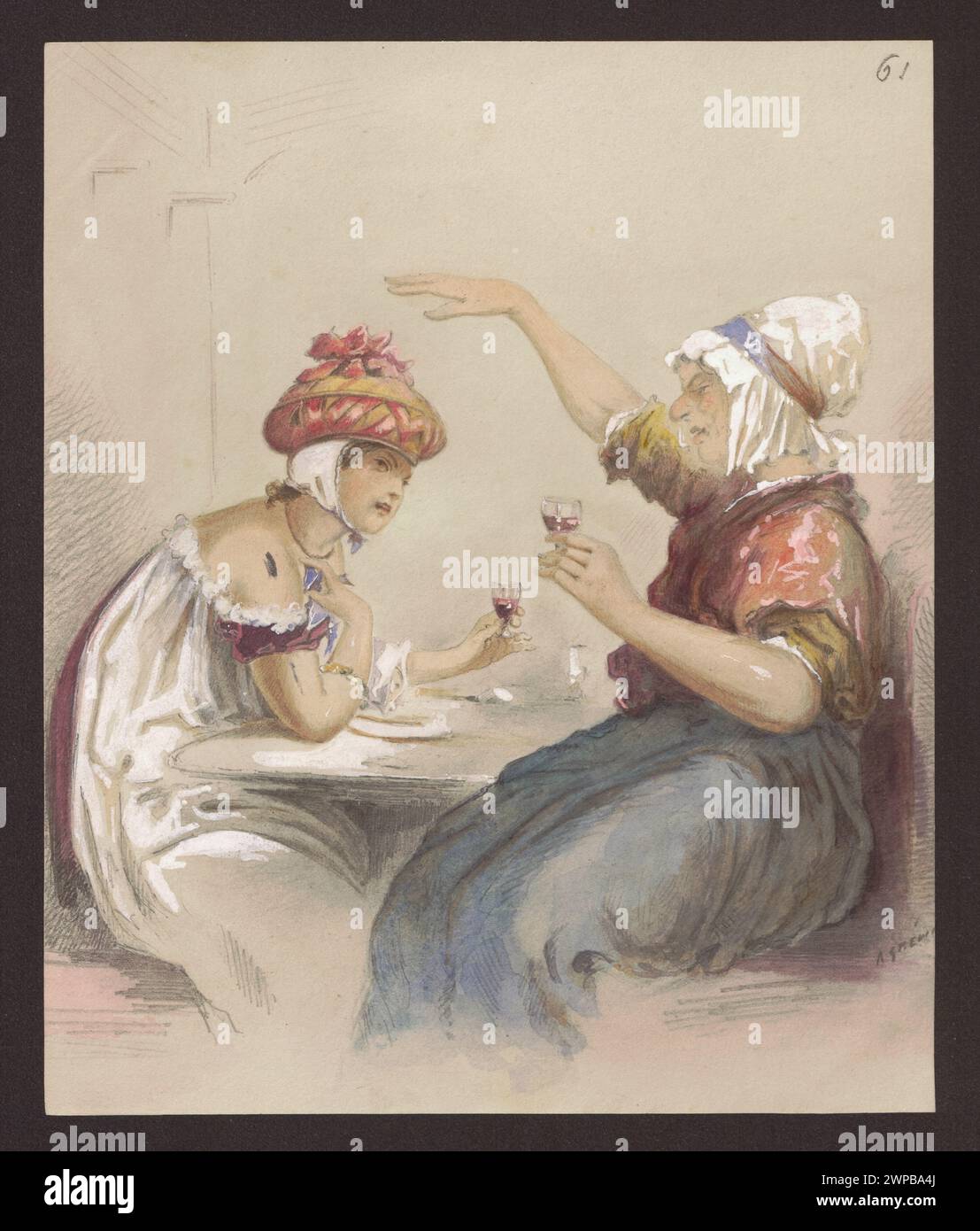 L'illustrazione degli anni '1880 di Alfred Grévin mostra due donne sedute a un tavolo che bevono vino. Foto Stock