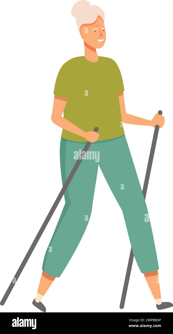 Donna nordic walking icona vettore cartoni animati. Esercizio attivo durante la marcia. Persona matura Illustrazione Vettoriale
