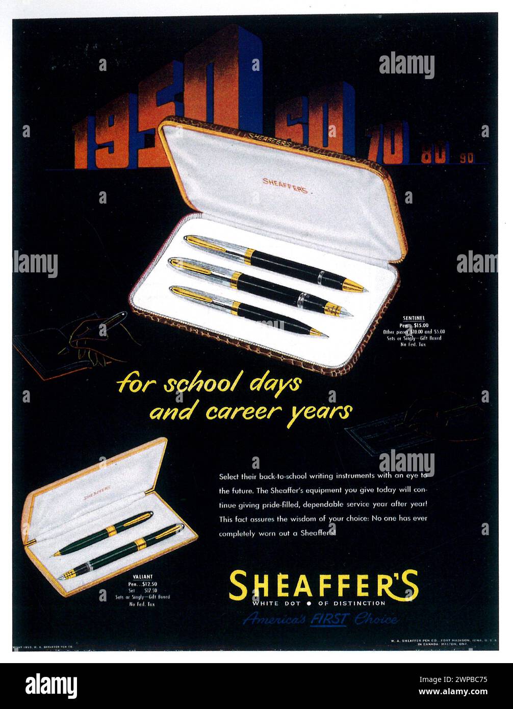 1950 pubblicità a stampa delle penne di Sheaffer Foto Stock
