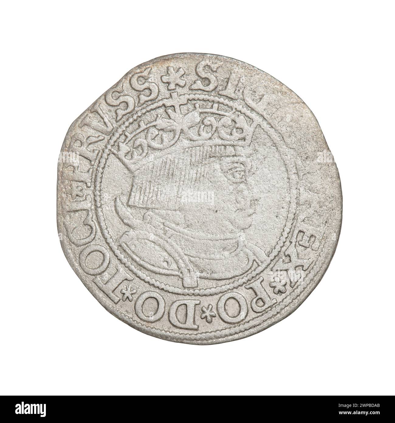 Un penny prussiano emesso nel 1533 durante il regno di re Zygmunt i Stary di Polonia, mostrando caratteristiche storiche delle monete. Foto Stock