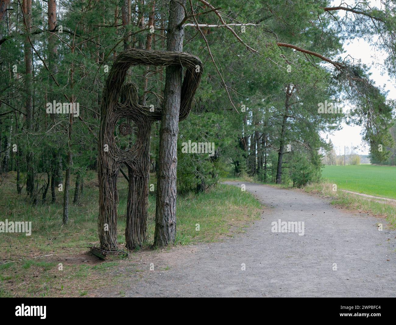 Ecological Trail Belokorets, Bielorussia - 3 maggio 2022: Oggetto artistico ecologico sotto forma di uomo dal cuore aperto fatto di rami, attenzione selettiva. Foto Stock