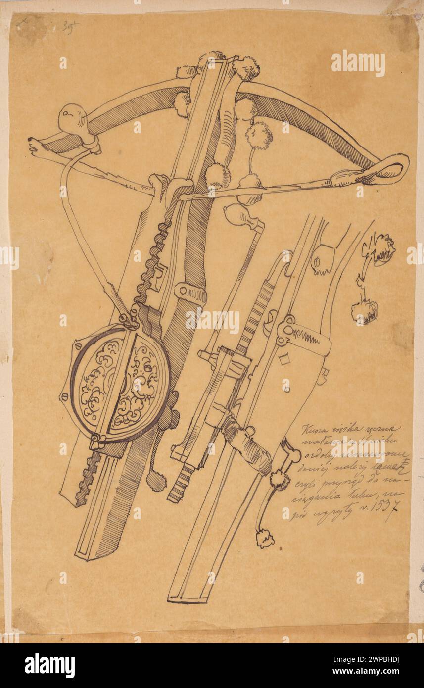 Balestra del 1537 con serratura circolare, raffigurata dall'alto e dalle viste laterali, che mostra design, meccanismo e armi europee del XVI secolo, registrata da Władysław Czachórski nel 1870. Foto Stock