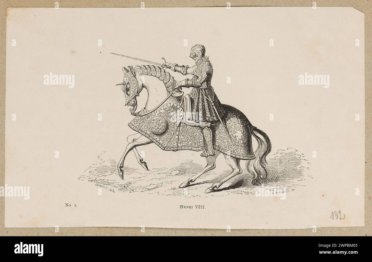 Un'illustrazione di Enrico VIII a cavallo, prodotta tra il 1846 e il 1866 da John Henry Rimbault e Frederick William Fairholt, raffigurante il re inglese in forma equestre. Foto Stock