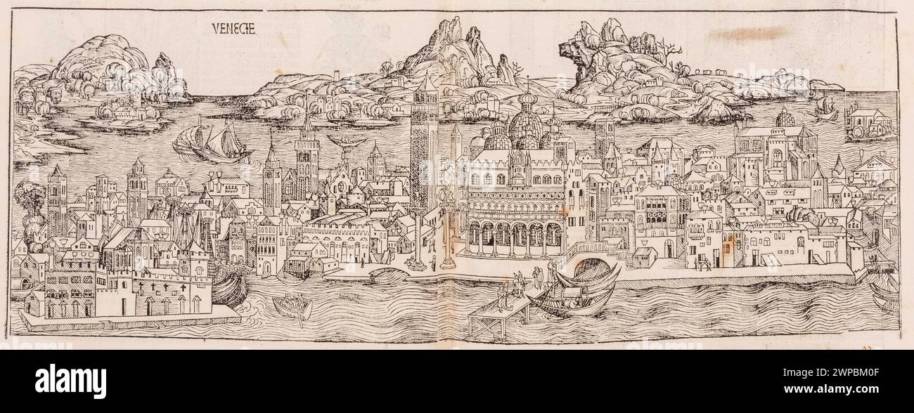 Una splendida boscaglia del 1493 della città di Venezia in Italia. Questa illustrazione proviene dalla Cronaca di Norimberga, che è un'eniclodpedia degli eventi mondiali, della mitologia e della storia cristiana. Questo lavoro extra-ordinario è stato uno dei primi libri mai stampati e il primo a integrare con successo testo e immagini. Foto Stock