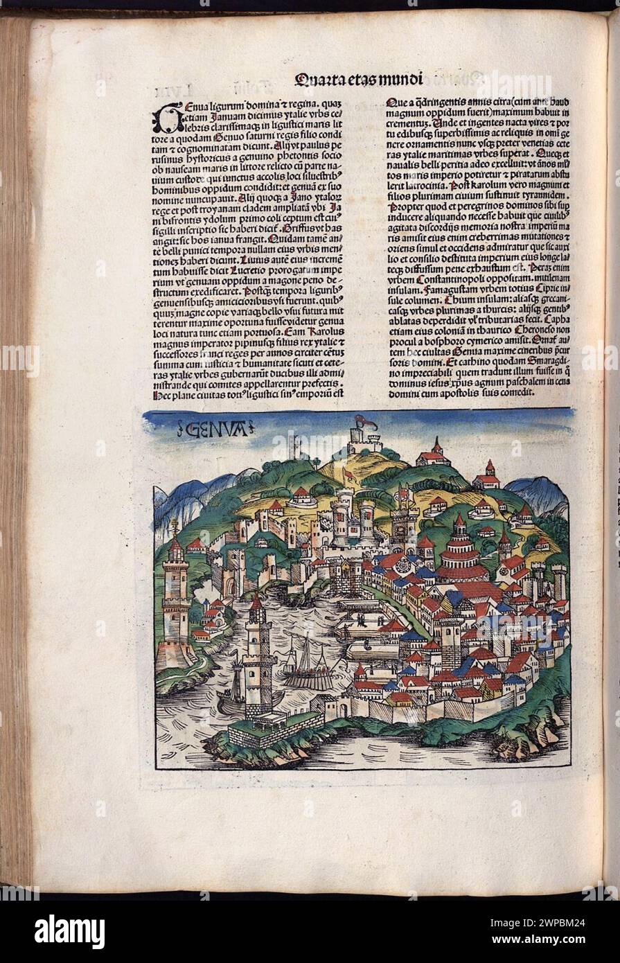 Belle pagine scolpite in legno dalla Cronaca di Norimberga del 1493, che è un'eniclodpedia degli eventi mondiali, della mitologia e della storia cristiana. Questo lavoro extra-ordinario è stato uno dei primi libri mai stampati e il primo a integrare con successo testo e immagini. Queste pagine mostrano testo latino e un'incisione della città di Genova in Italia Foto Stock