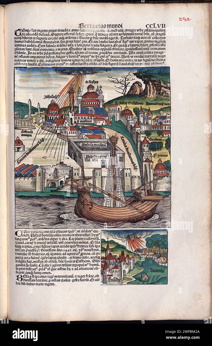 Belle pagine scolpite in legno dalla Cronaca di Norimberga del 1493, che è un'eniclodpedia degli eventi mondiali, della mitologia e della storia cristiana. Questo lavoro extra-ordinario è stato uno dei primi libri mai stampati e il primo a integrare con successo testo e immagini. Queste pagine mostrano testo latino e un'incisione della città di Costantinopoli (ora Istanbul in Turchia) durante una tempesta. Foto Stock