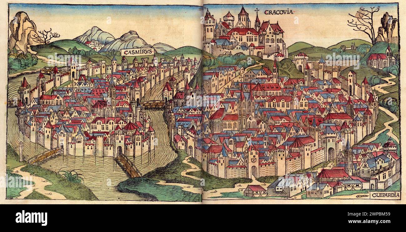 Una bella boscaglia del 1493 della città di Cracovia (ora Cracovia) in Polonia. Questa illustrazione proviene dalla Cronaca di Norimberga, che è un'eniclodpedia degli eventi mondiali, della mitologia e della storia cristiana. Questo lavoro extra-ordinario è stato uno dei primi libri mai stampati e il primo a integrare con successo testo e immagini. Foto Stock