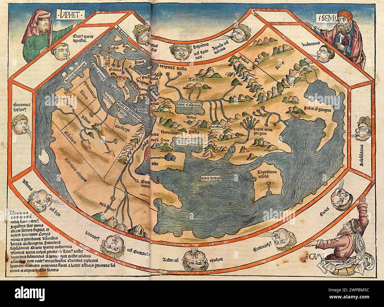 Una bella boscaglia del 1493 di una mappa del mondo. Mostra l'Africa e l'Europa con l'Oceano Indiano e l'India. Questa illustrazione proviene dalla Cronaca di Norimberga, che è un'eniclodpedia degli eventi mondiali, della mitologia e della storia cristiana. Questo lavoro extra-ordinario è stato uno dei primi libri mai stampati e il primo a integrare con successo testo e immagini. Foto Stock