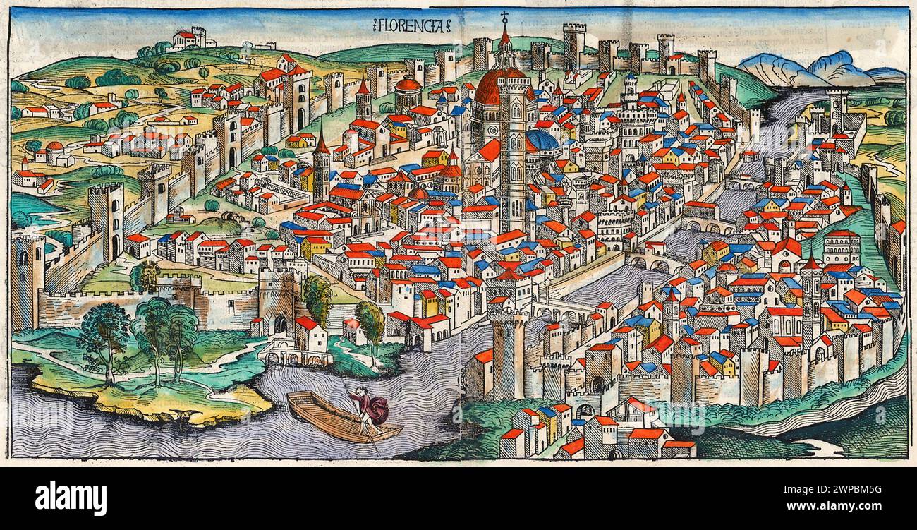 Un bel boschetto del 1493 della città di Florencia (oggi Firenze) in Italia. Questa illustrazione proviene dalla Cronaca di Norimberga, che è un'eniclodpedia degli eventi mondiali, della mitologia e della storia cristiana. Questo lavoro extra-ordinario è stato uno dei primi libri mai stampati e il primo a integrare con successo testo e immagini. Foto Stock