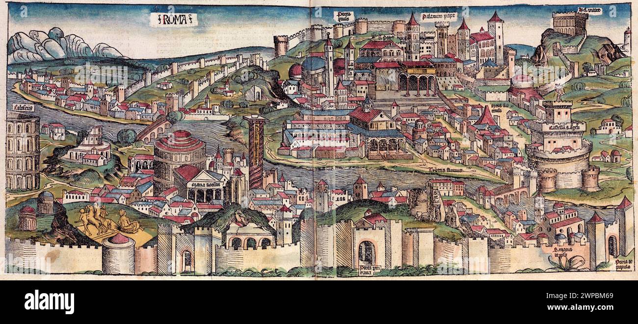 Una bella boscaglia del 1493 della città di Roma (ora Roma) in Italia. Questa illustrazione proviene dalla Cronaca di Norimberga, che è un'eniclodpedia degli eventi mondiali, della mitologia e della storia cristiana. Questo lavoro extra-ordinario è stato uno dei primi libri mai stampati e il primo a integrare con successo testo e immagini. Foto Stock