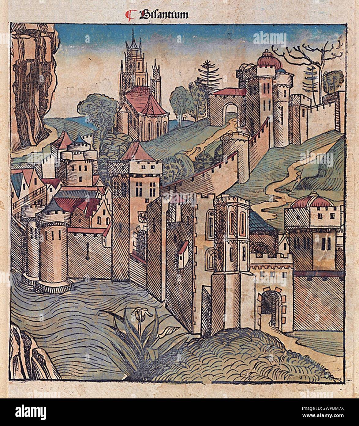 Una bella incisione in legno del 1493 della città di Bisanzio (che divenne Costantinopoli poi Istanbul). Questa illustrazione proviene dalla Cronaca di Norimberga, che è un'eniclodpedia degli eventi mondiali, della mitologia e della storia cristiana. Questo lavoro extra-ordinario è stato uno dei primi libri mai stampati e il primo a integrare con successo testo e immagini. Foto Stock