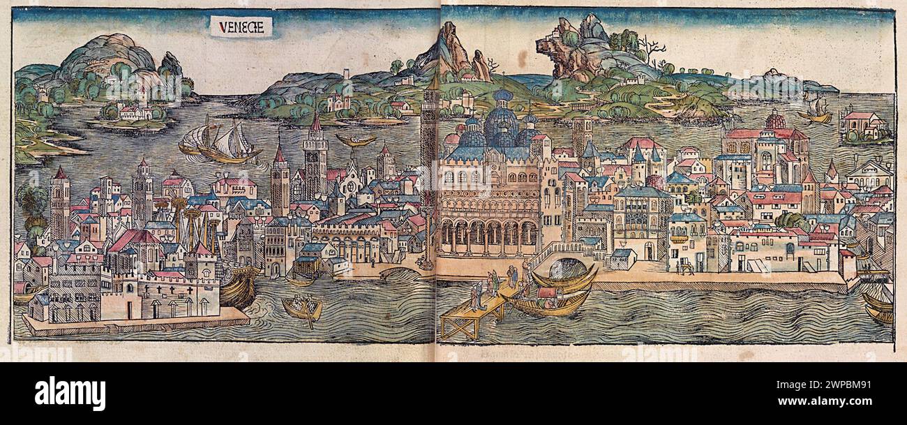 Una splendida boscaglia del 1493 della città di Venezia in Italia. Questa illustrazione proviene dalla Cronaca di Norimberga, che è un'eniclodpedia degli eventi mondiali, della mitologia e della storia cristiana. Questo lavoro extra-ordinario è stato uno dei primi libri mai stampati e il primo a integrare con successo testo e immagini. Foto Stock