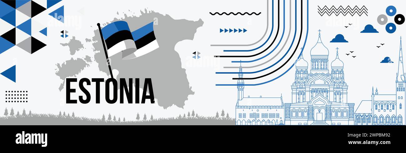 Banner per la giornata nazionale dell'Estonia con sfondo a tema per i colori della bandiera estone, mappa estone, Tallinn, punti di riferimento, colori geometrici Abstract Blue Black White Illustrazione Vettoriale
