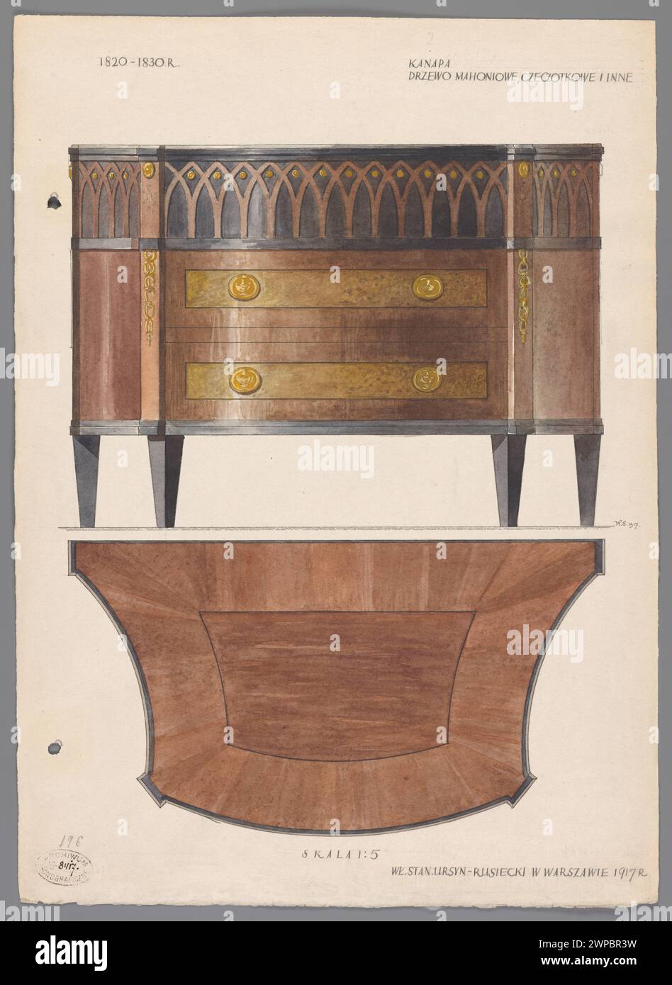 Cassettiera del XIX secolo della collezione Varsavia di Staniska Ursyn-Rusiecki, documentata nel 1917 da Władysław Roman Sztolcman, che mostra viste frontali e oblique in scala 1:5. Foto Stock