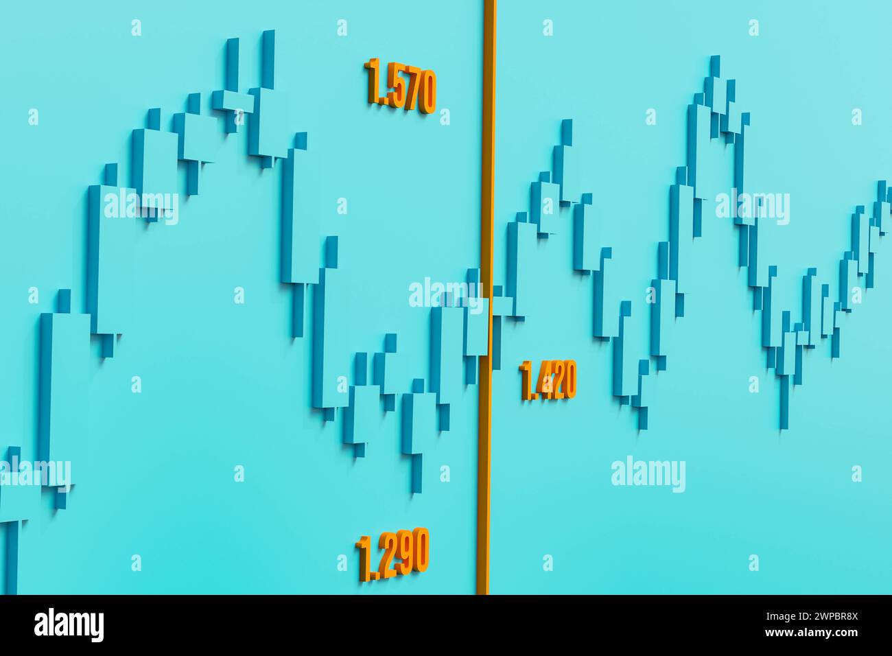 Tabella con stick di candele blu astratte. Grafico a stick di candele blu astratto, borsa valori e borsa valori. Business, mercati finanziari, dati e concetto di trading. Foto Stock