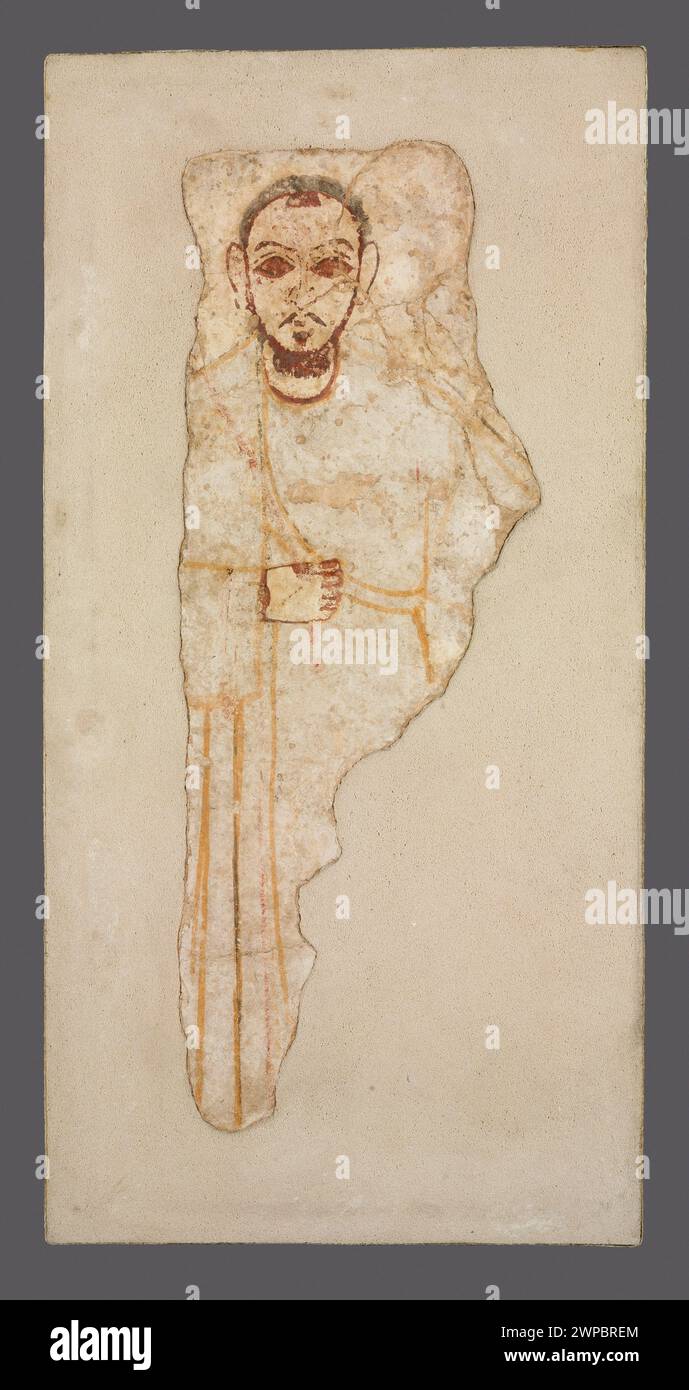 Un frammento di pittura murale del X secolo proveniente da Faras, Sudan, raffigurante un diacono e parte di una croce all'interno della composizione nubiana, documentato negli scavi polacchi. Foto Stock