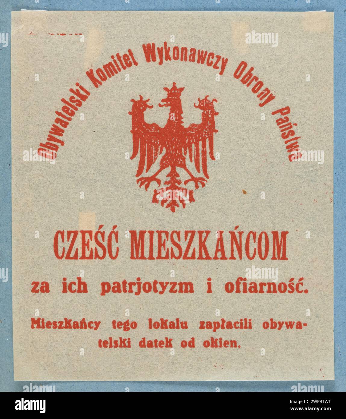 Un caso stampato del 1913-1921 che mostra l'emblema polacco e il testo riguardante il Comitato di difesa dei cittadini di Pału, evidenziando il patriottismo e le donazioni civiche. Foto Stock