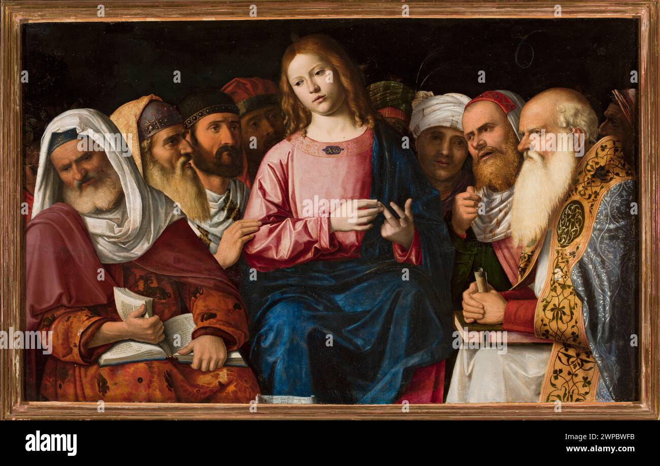 Dipinto di Giovanni Battista cima da Conegliano (c.1459-1517) raffigurante Gesù Cristo con sacerdoti ebrei, che illustra una scena biblica del nuovo Testamento, utilizzando tecniche rinascimentali italiane e composizione figurativa. Foto Stock