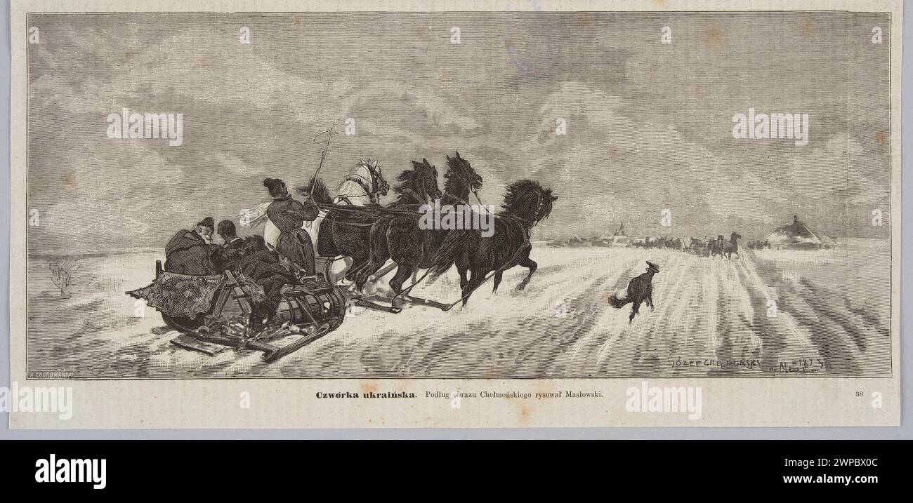 Illustrazione di quattro figure ucraine di Józef Chełmoński, che mostrano abiti tradizionali e attività, pubblicata nel 1876. Foto Stock