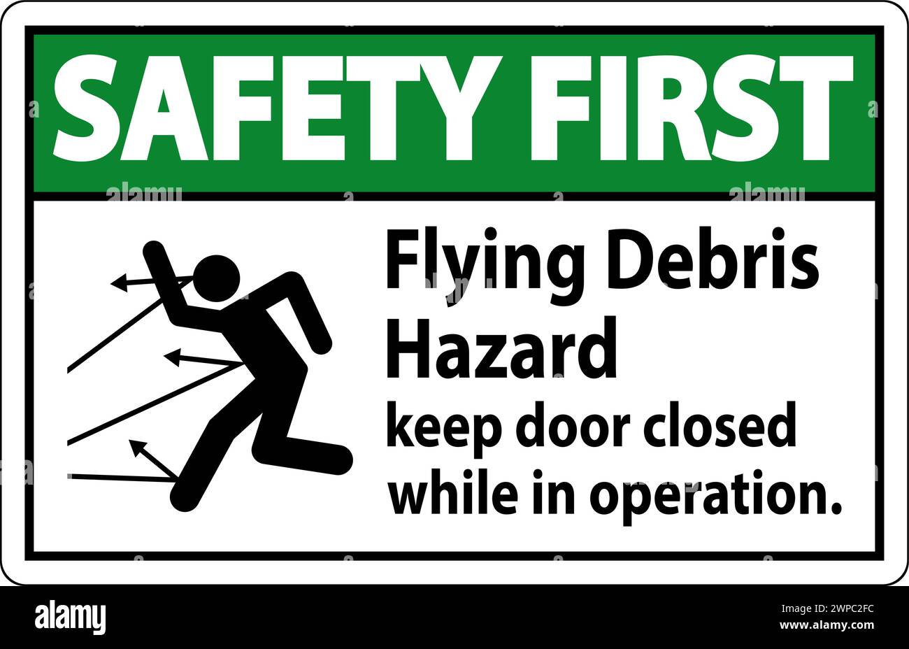 Primo segnale di sicurezza che indica il rischio di detriti volanti, consigliando di tenere la porta chiusa. Illustrazione Vettoriale