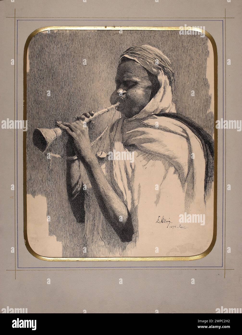 Un'illustrazione del 1894 di un musicista arabo che suona uno strumento a fiato, evidenziando temi orientalisti, dal lavoro di Edward Oku e dalla collezione di disegni polacchi, provenienza documentata. Foto Stock