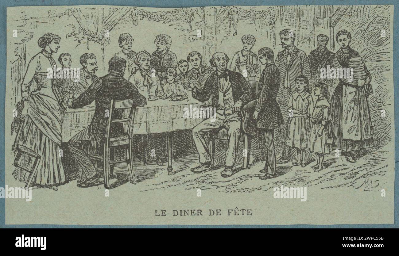 Illustrazione che raffigura una cena di Natale tra il 1895 e il 1903, che mostra un tavolo con cibo, membri della famiglia e decorazioni natalizie. Foto Stock