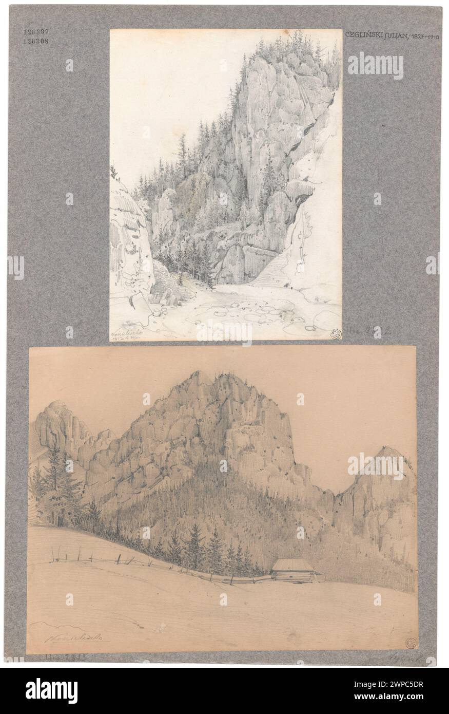 Raffigurazione di paesaggi montani nella Church Valley dei Monti Tatra, compresi ruscelli e aree boschive. Raccolto da Dominik Witke-Jeżewski nel 1852. Foto Stock