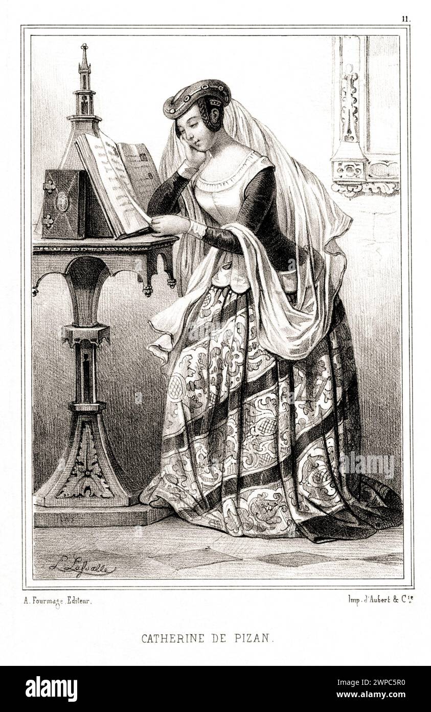 1400 CA , FRANCIA: La poetessa italiana CRISTINA da PIZZANO ( 1364 - 1430 ca ) alias CHRISTINE DE PIZAN o PISAN . Autore alla corte del re Carlo vi di Francia . È ricordata soprattutto per aver difeso le donne nel Libro della città delle signore e del Tesoro della città delle signore . Veneziana di nascita, Christine era un'eminente pensatrice moralista e politica nella Francia medievale. Ritratto inciso da Louis Lassalle , pubblicato nel 1850 c. da d'Aubert & c., Parigi . - FOTO STORICO - STORIA - LETTERATURA - LETTERATURA - SCRITTORE - RITRATTO - RITRATTO - POETESSA - POESIA - POE Foto Stock