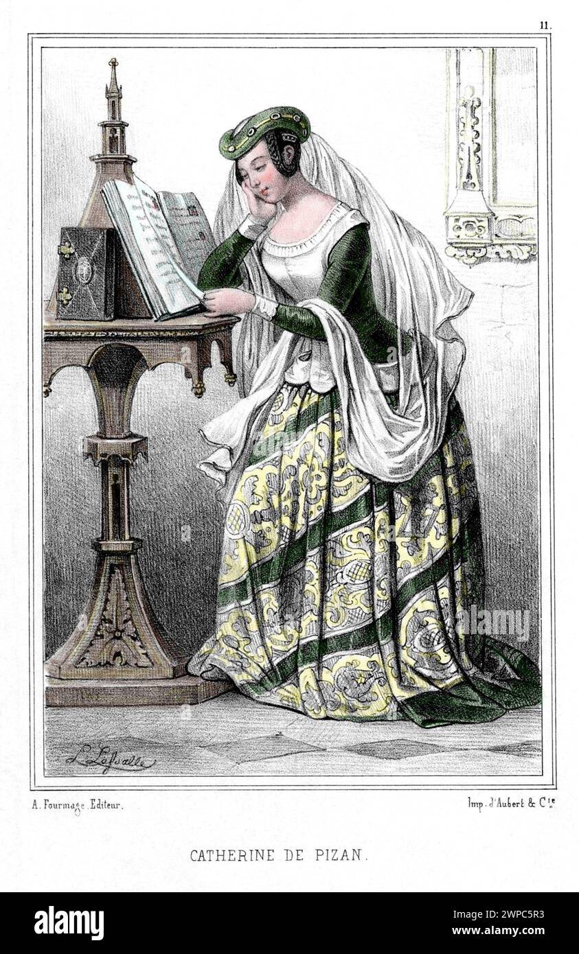 1400 CA , FRANCIA: La poetessa italiana CRISTINA da PIZZANO ( 1364 - 1430 ca ) alias CHRISTINE DE PIZAN o PISAN . Autore alla corte del re Carlo vi di Francia . È ricordata soprattutto per aver difeso le donne nel Libro della città delle signore e del Tesoro della città delle signore . Veneziana di nascita, Christine era un'eminente pensatrice moralista e politica nella Francia medievale. Ritratto inciso da Louis Lassalle , pubblicato nel 1850 c. da d'Aubert & c., Parigi . COLORAZIONE DIGITALE .- FOTO STORICHE - STORIA - LETTERATURA - LETTERATURA - scrittore - ritratto - POETESSA - Foto Stock