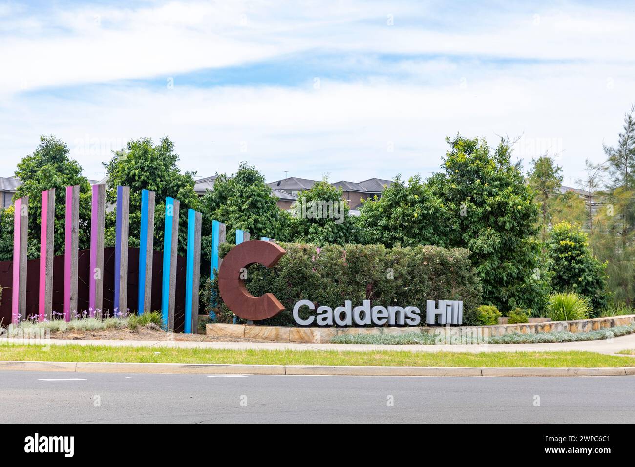 Nuovo quartiere residenziale, Caddens, nella zona occidentale di Sydney Penrith, cartello per Caddens Hill Development, Sydney, NSW, Australia Foto Stock