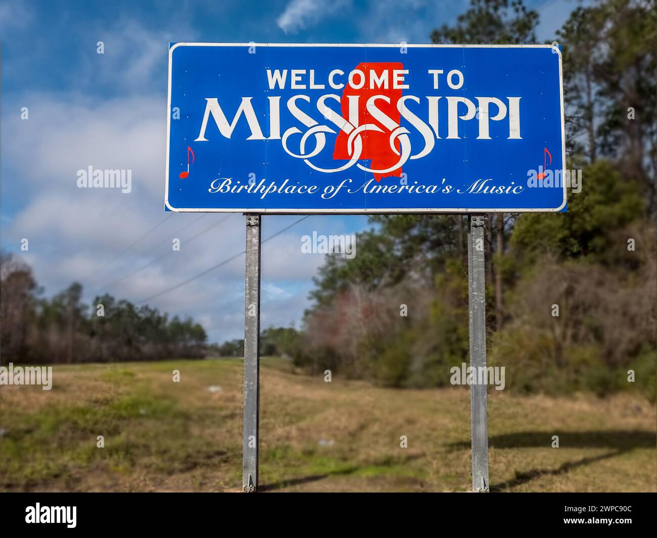 In primo piano cartello Welcome to Mississippi con sfondo sfocato Foto Stock