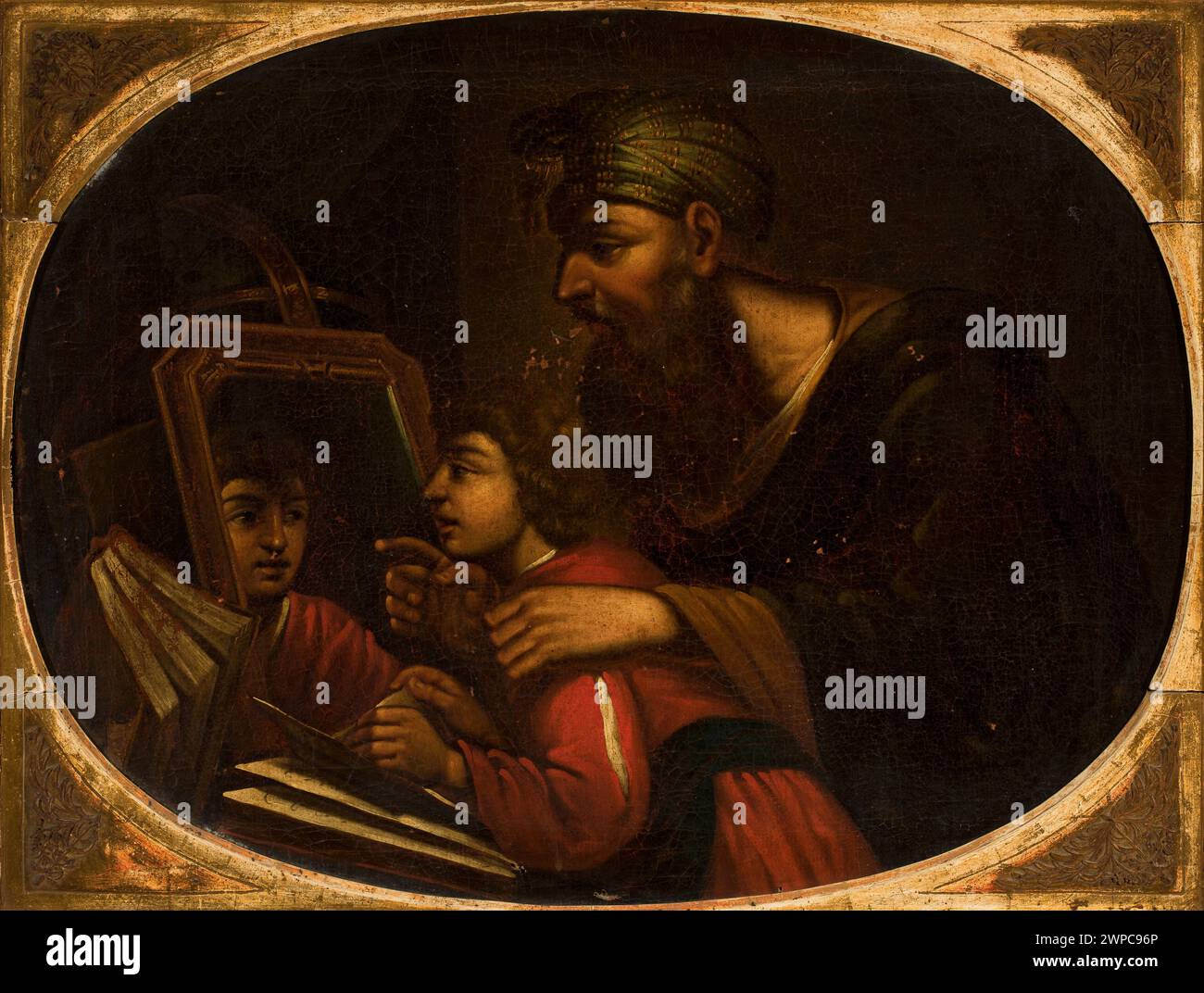 "Socrate e lo specchio" è un'opera d'arte del XVII-XVIII secolo di Moritz Kellerhoven e Antonio Zanchi che mostra Socrate con uno specchio, libri, ragazzi e figure turbolente, con provenienza documentata. Foto Stock