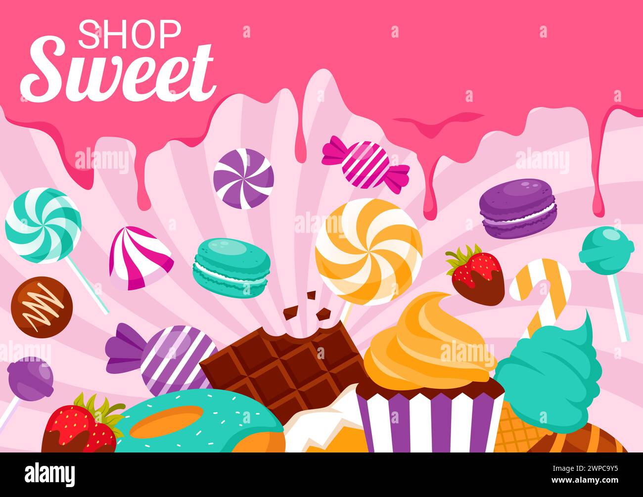 Illustrazione di un vettore del negozio di dolciumi con la vendita di vari prodotti da forno, torte, torte, pasticceria o caramelle in un design di sfondo a forma di cartoni animati Illustrazione Vettoriale