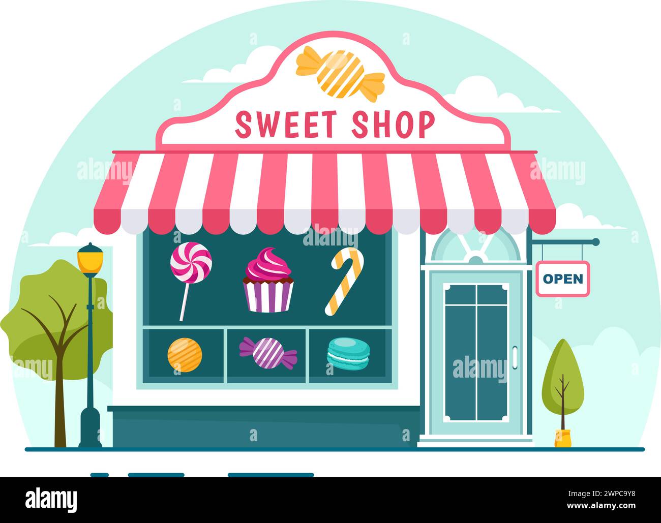 Illustrazione di un vettore del negozio di dolciumi con la vendita di vari prodotti da forno, torte, torte, pasticceria o caramelle in un design di sfondo a forma di cartoni animati Illustrazione Vettoriale