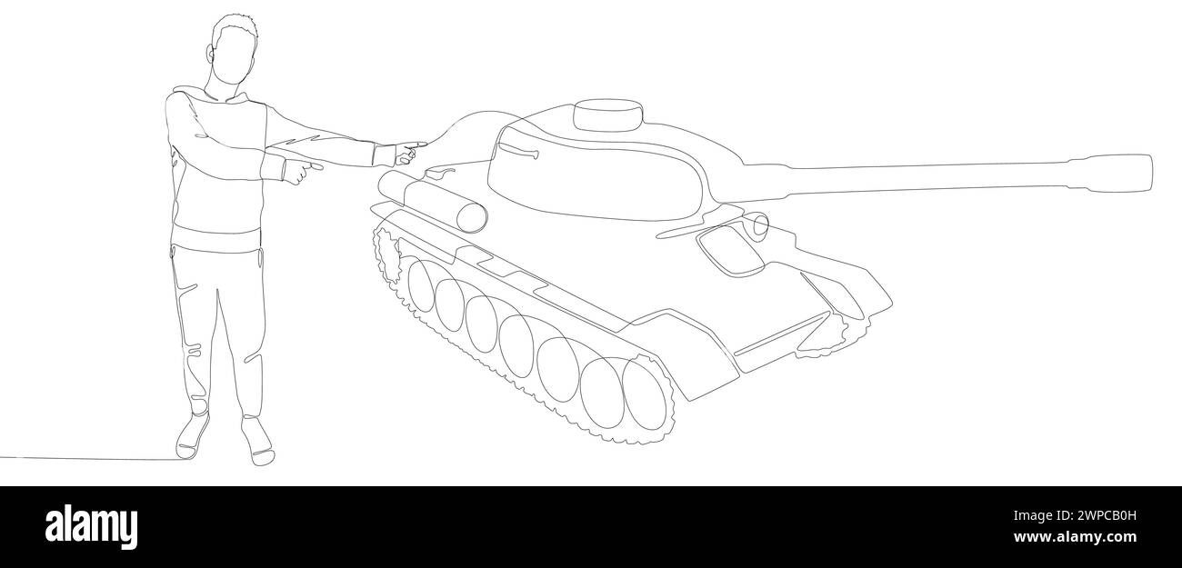 Una linea continua di Man che punta con il dito contro Armored Tank. Concetto del vettore dell'illustrazione a linee sottili. Idee creative per il disegno dei contorni. Illustrazione Vettoriale