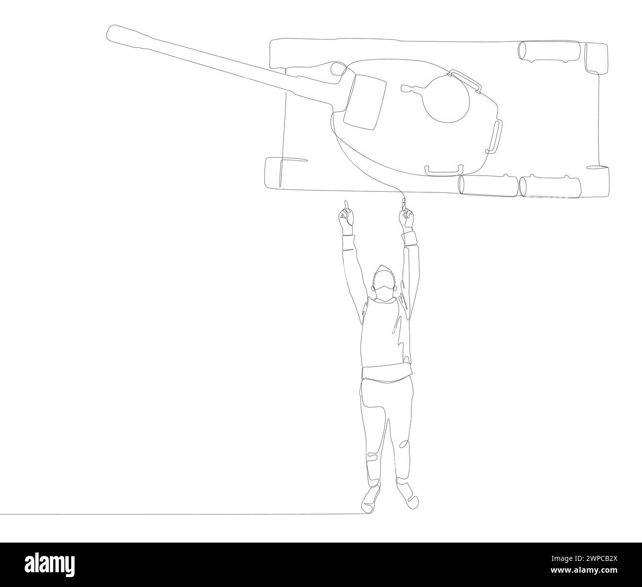 Una linea continua di Man che punta con il dito contro Armored Tank. Concetto del vettore dell'illustrazione a linee sottili. Idee creative per il disegno dei contorni. Illustrazione Vettoriale