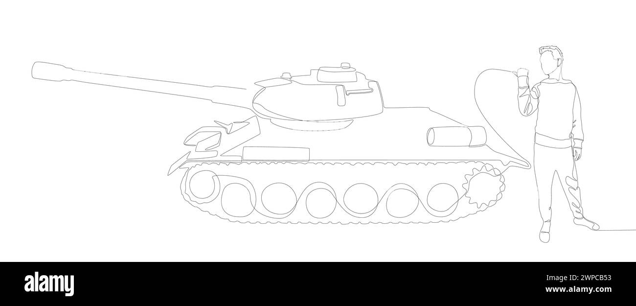 Una linea continua di Man che punta con il dito contro Armored Tank. Concetto del vettore dell'illustrazione a linee sottili. Idee creative per il disegno dei contorni. Illustrazione Vettoriale