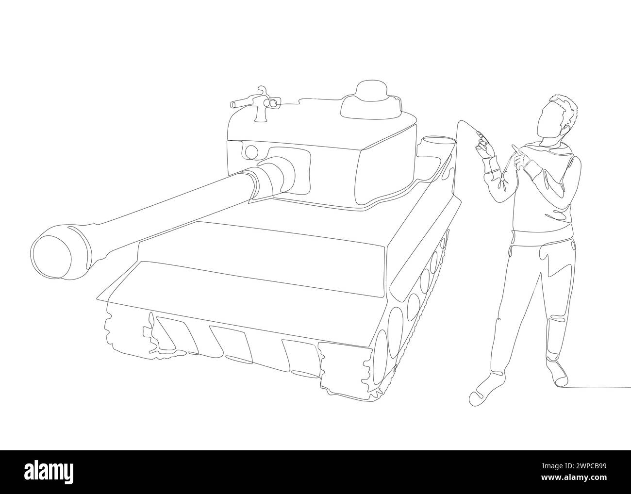 Una linea continua di Man che punta con il dito contro Armored Tank. Concetto del vettore dell'illustrazione a linee sottili. Idee creative per il disegno dei contorni. Illustrazione Vettoriale