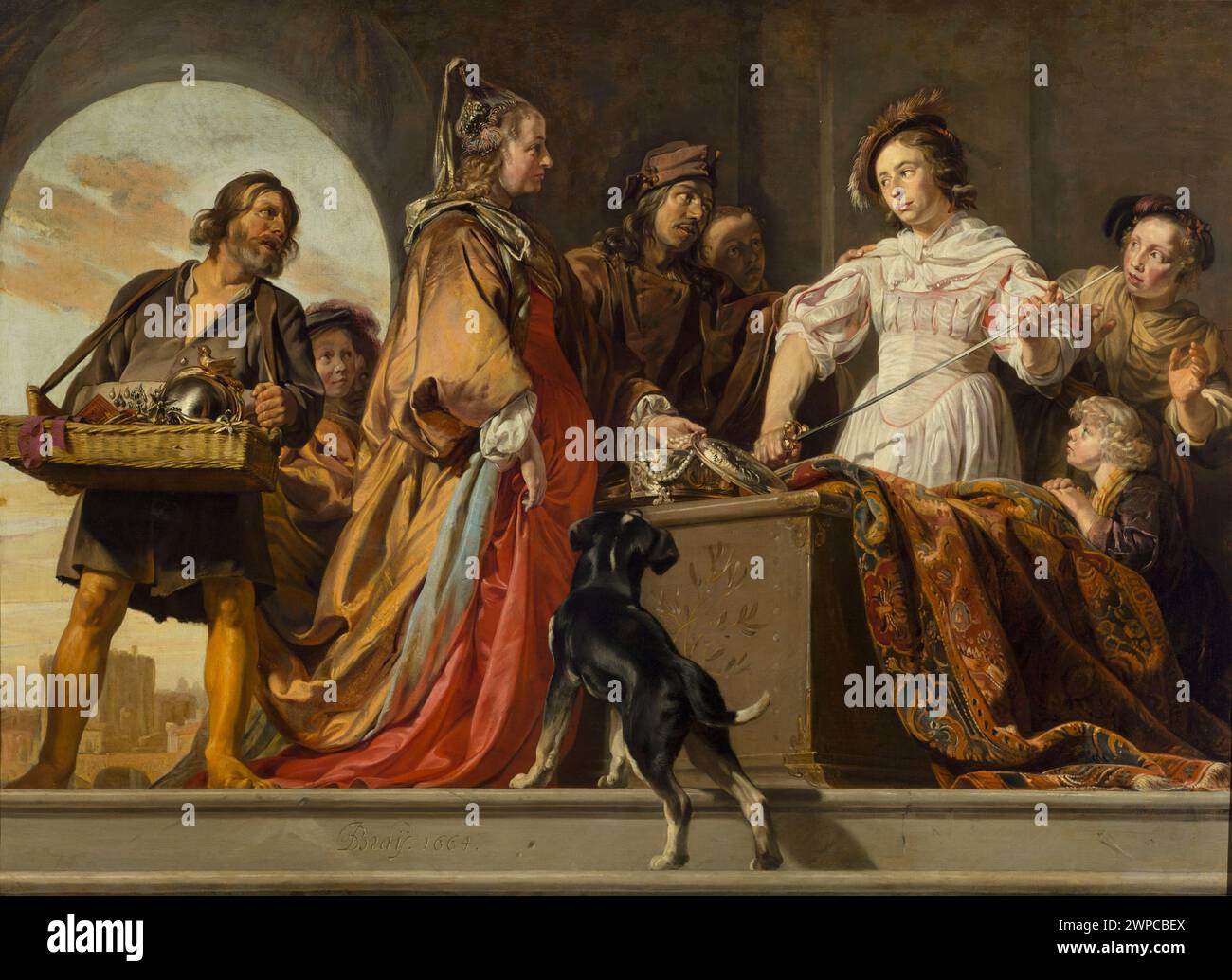 Achille W famiglia delle figlie di Likomede; Braij, Jan de (ca. 1627-1697); 1664 (1664-00-00-1664-00-00); Achille (Mitol.), Licomede (Mitol.), Ulisse (Mitol.), Ovidio naso, Publius (43 A.C.-CA 17). Metamorfosi, Papinio Stazio, Publio (43-96). Achilleis, gioielli, armi, armi bianche, pittura olandese, moda, paesaggi, scene mitologiche, costumi, costumi da donna, costumi da uomo, stilizzazioni teatrali, teatro, teatro, acquisto (provenienza) Foto Stock