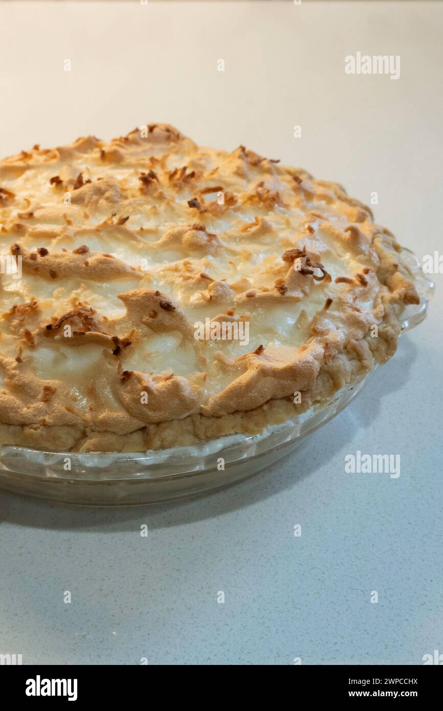 Meringa di crema di cocco appena sfornata, torta intera isolata su sfondo bianco. STATI UNITI Foto Stock