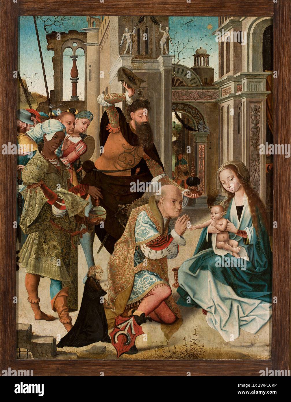 Un dipinto olandese del 1525 circa raffigurante la scena biblica dei tre Re, che illustra un evento del nuovo Testamento con iconografia religiosa. Foto Stock