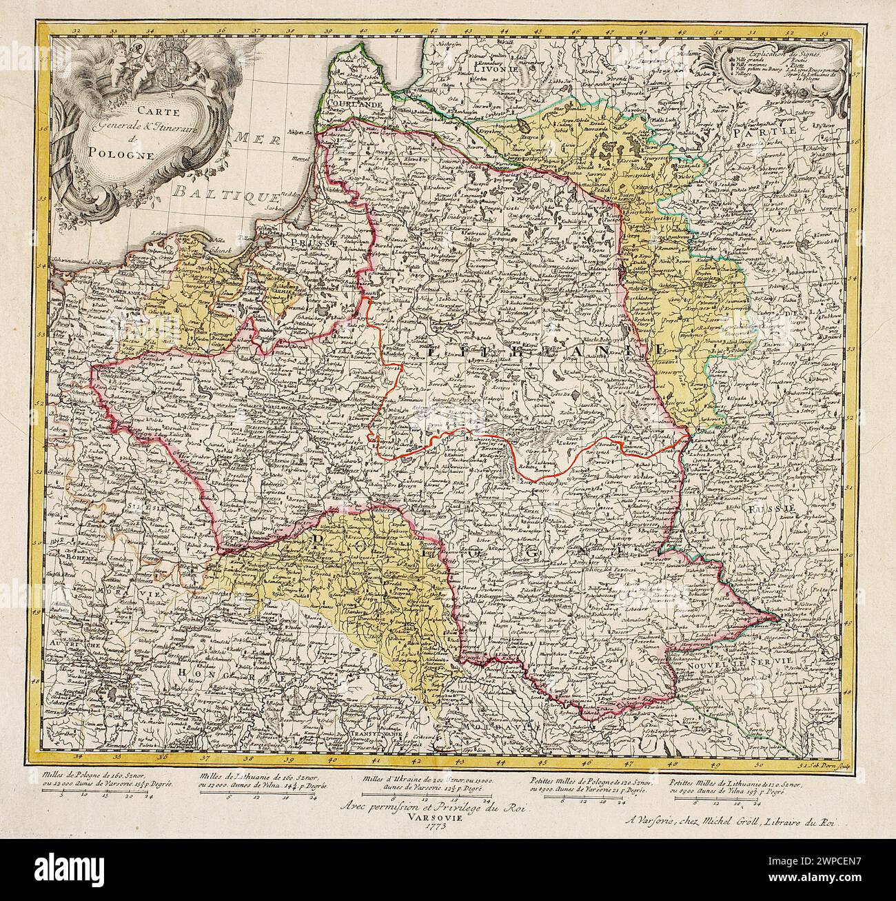 Una mappa generale del 1773 e un percorso della Polonia creato da Karol de Perthées con collaboratori, che mostra strade e confini intorno alla prima spartizione della Confederazione polacco-Lituana. Foto Stock