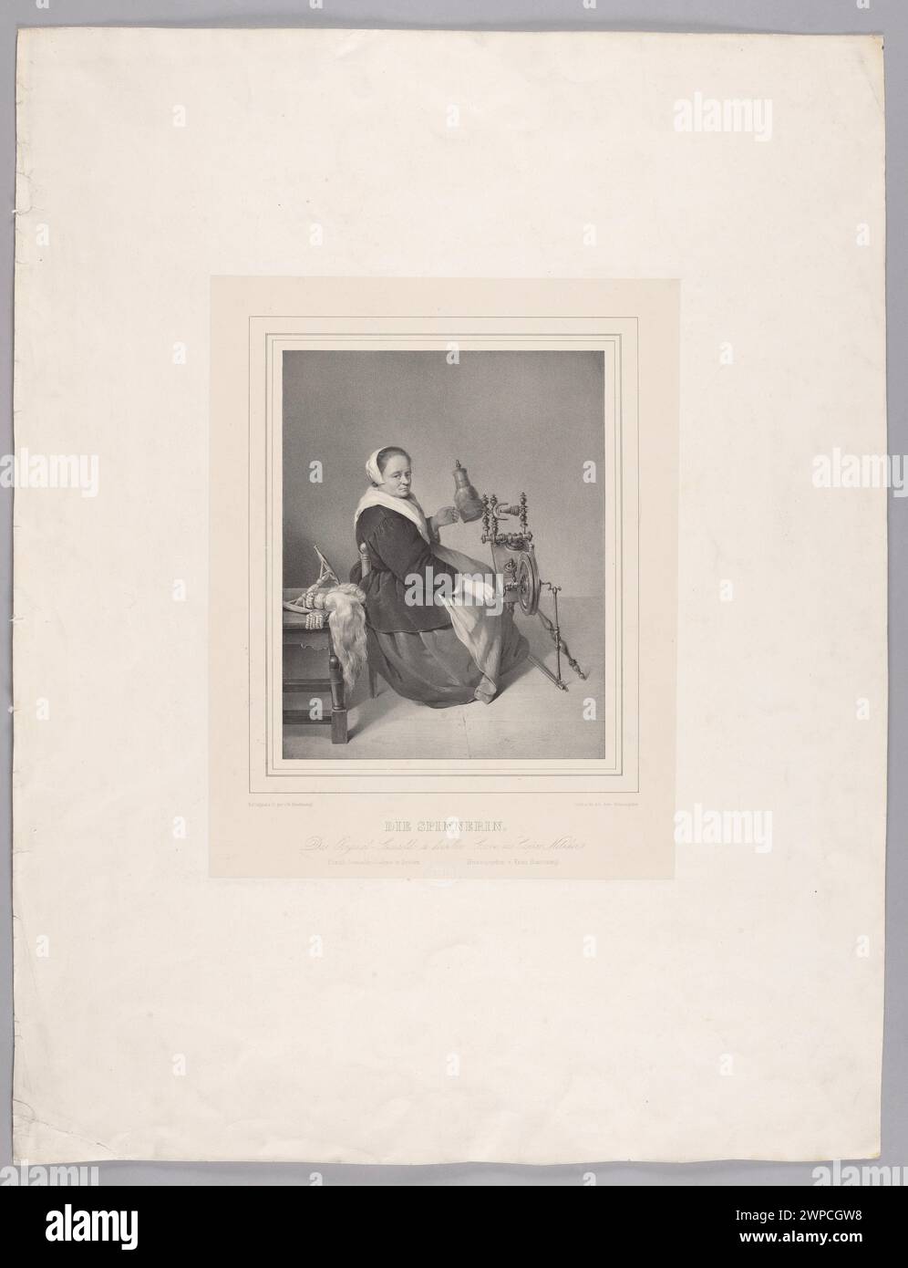 Illustrazione del XIX secolo "The Spinner" di Franz Seraph Hanfstaengl, raffigurante una donna filata all'interno. Foto Stock