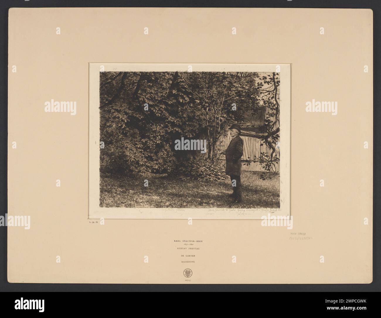 Ritratto o illustrazione di Gustaw Freytag in un giardino, creato da Karl Stuffer-Bern nel 1887. Foto Stock