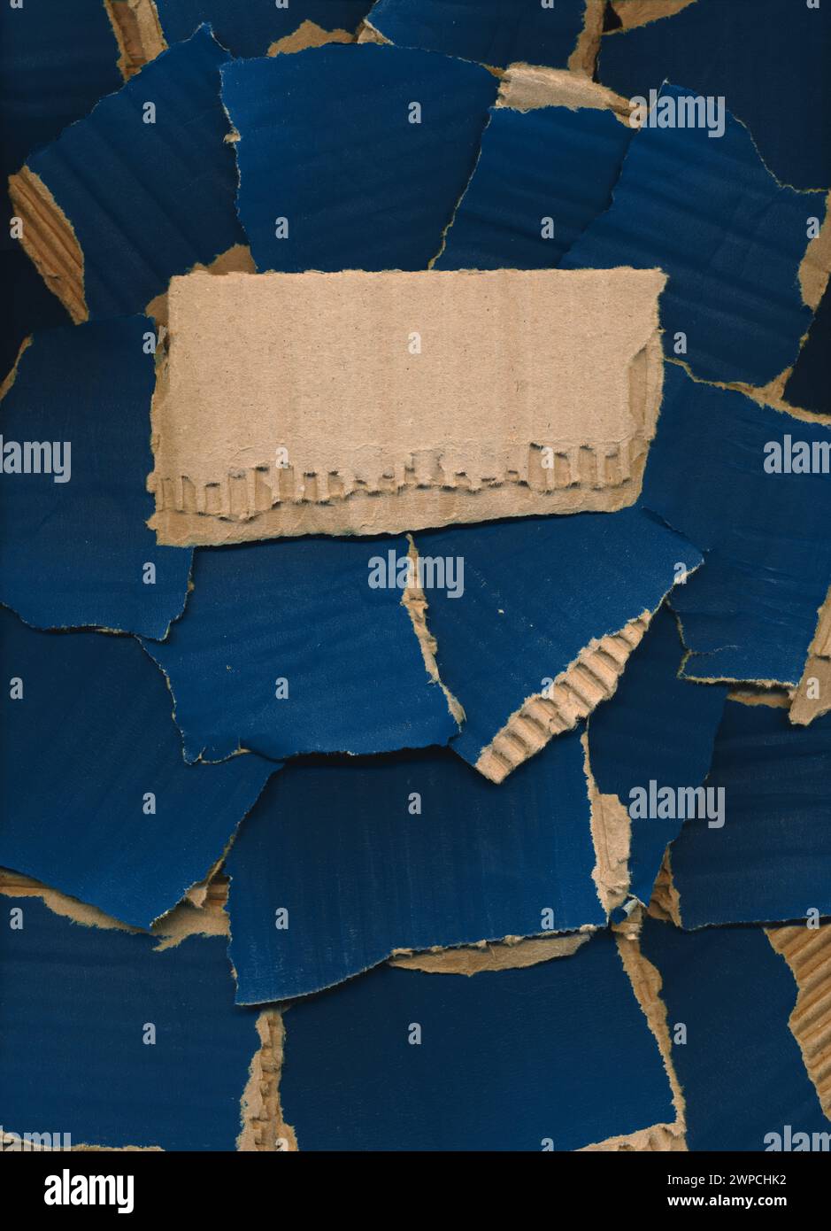 Copertina, poster da pezzi di cartone strappato. Luogo per titolo, descrizione. Sfondo in cartone blu marrone, striscione. Concetto di riciclaggio. Pezzi ruvidi Foto Stock