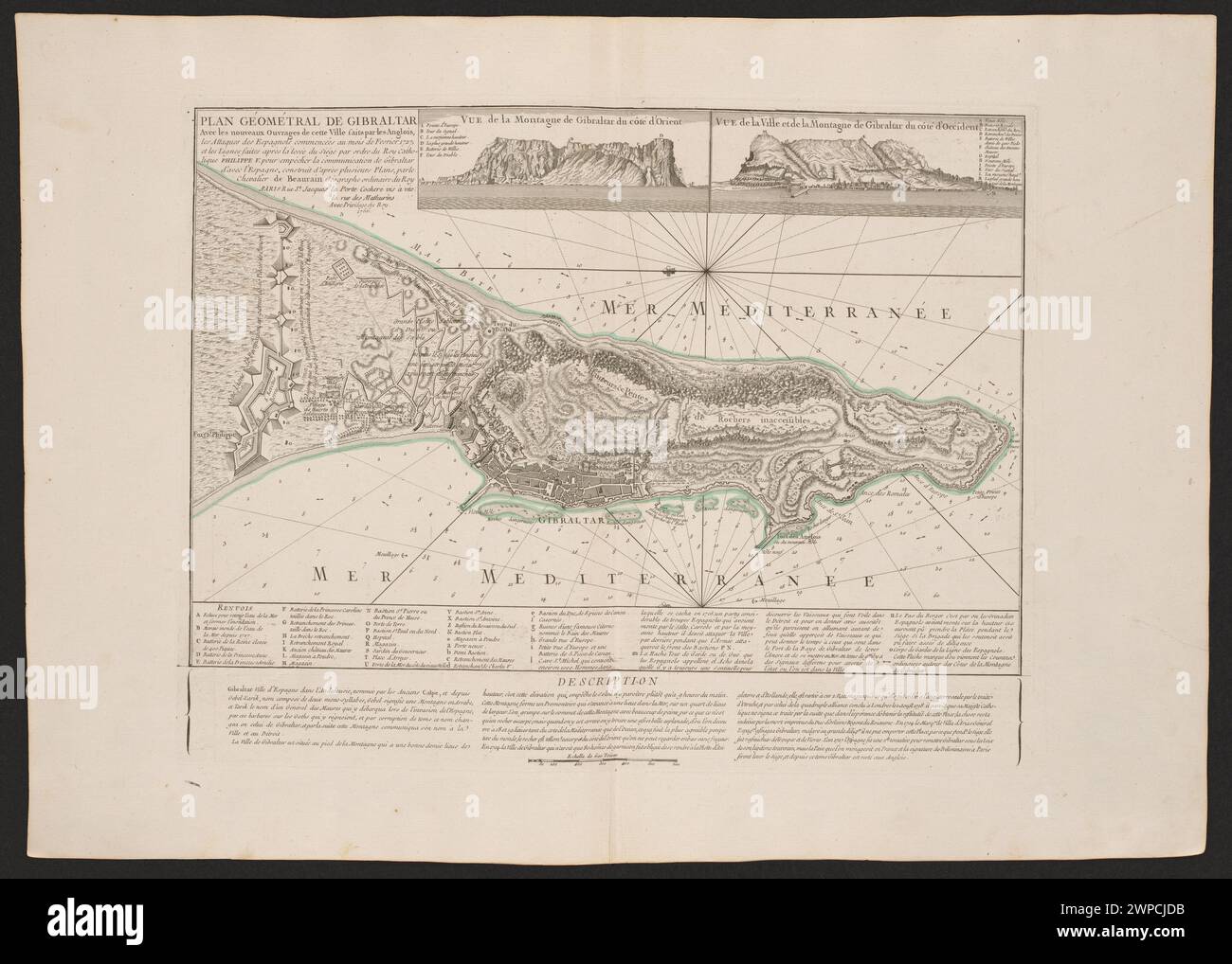 Questa lastra di rame colorata del 1763 di Jean Beaurain mostra un piano geometrico di Gibilterra, con i dettagli delle fortificazioni inglesi, delle linee d'attacco spagnole del febbraio 1727 e delle difese post-assedio ordinate da re Filippo V. Foto Stock