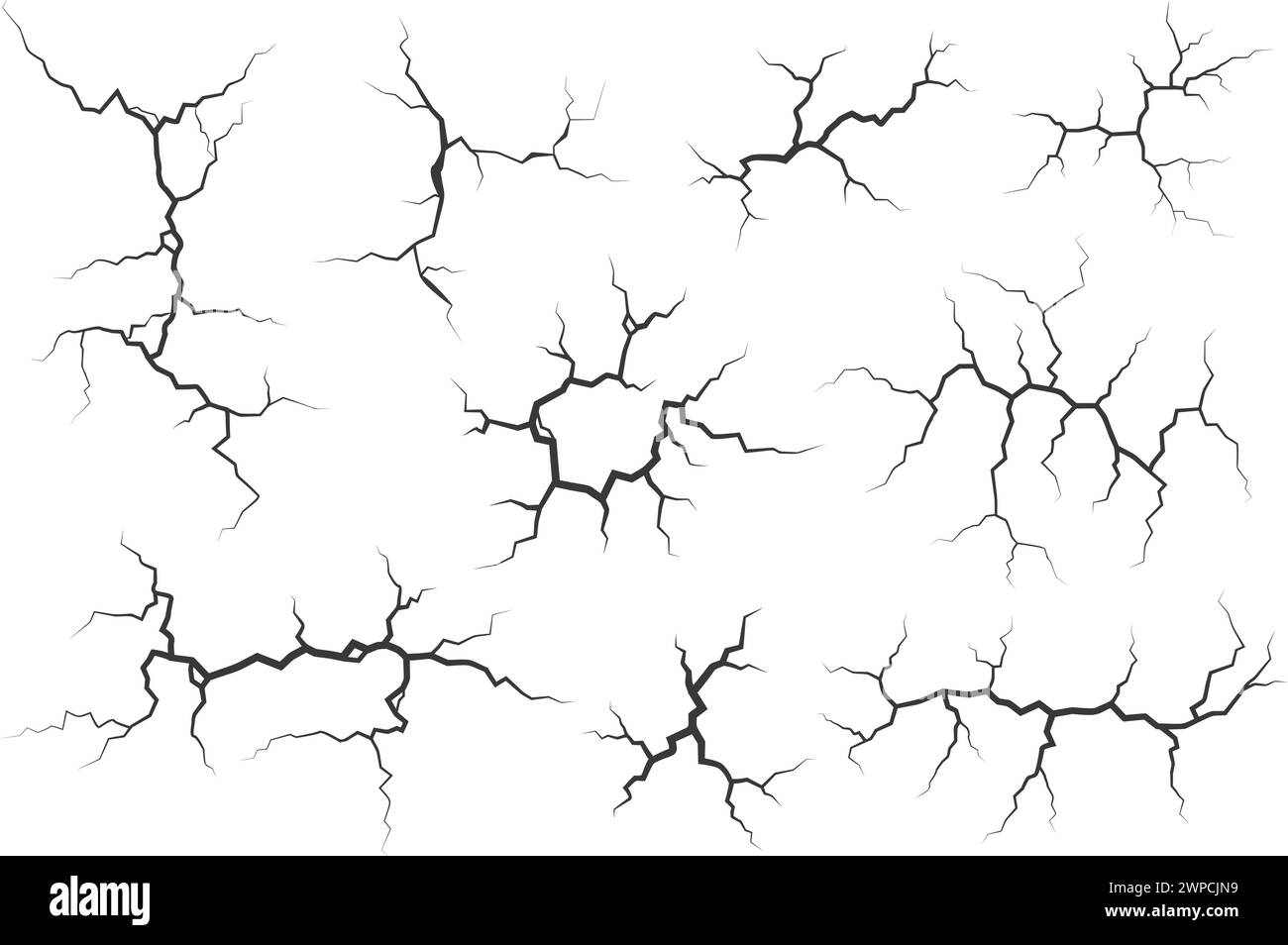Incrinature delle pareti con struttura rotta. Effetto terremoto terrestre. Linee di buco sulla terra e ghiaccio isolate su sfondo bianco. Graffio di distruzione della roccia. Vettore Illustrazione Vettoriale