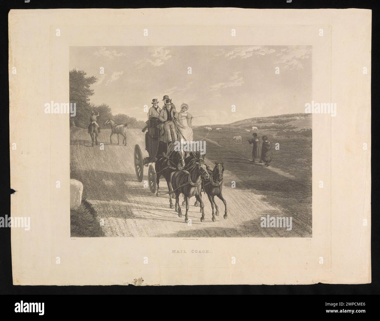 Un dipinto o un'illustrazione del 1819 di J.L.A. raffigurante un carrozza postale o una diligenza postale in transito, con trasporto e cavalli. Foto Stock