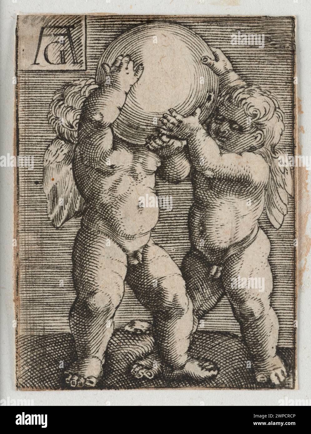 Incisione di Heinrich Aldegrever del 1561 raffigurante due putti che sollevano un globo terrestre, illustrando l'arte allegorica rinascimentale. Foto Stock