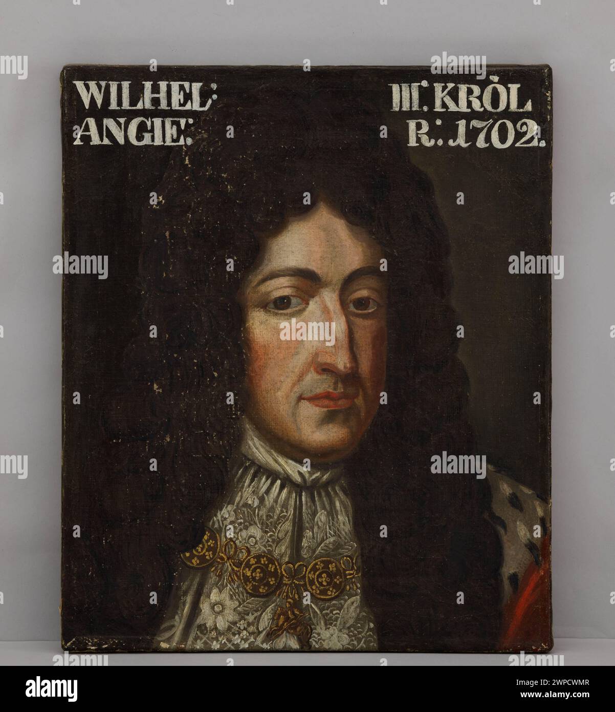 Dipinto del re inglese Guglielmo III di un artista polacco tra il 1800 e il 1820, che mostra il monarca con abbigliamento reale e ritratti tradizionali del periodo. Foto Stock